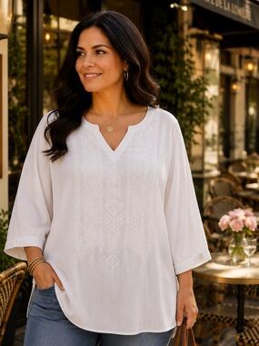 White Embroidered V‑Neck Tunic Top